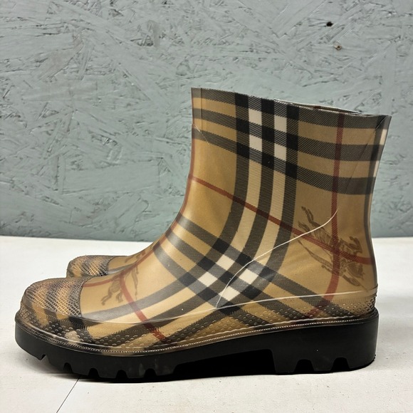 Burberry Women's IT 38 Rain Boots Nova Check Ankle Beige Black Red Rubber - Picture 8 of 15